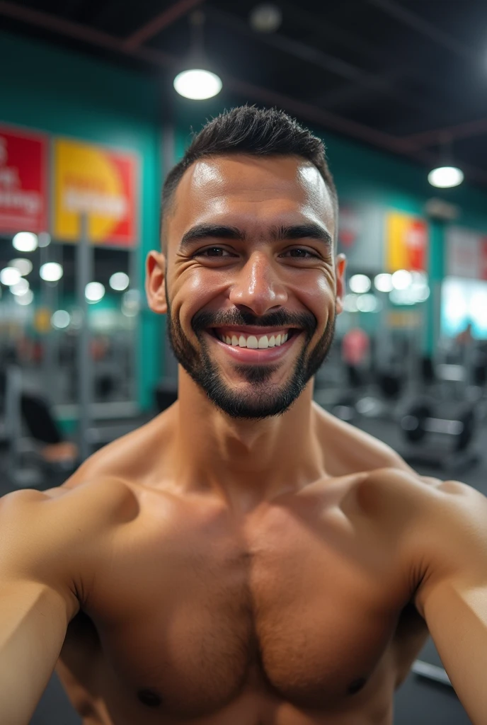 A North African man resembling Amine Harit, clean-shaven with no beard and short hair, taking a selfie at the gym while staring in the mirror with a charming look.