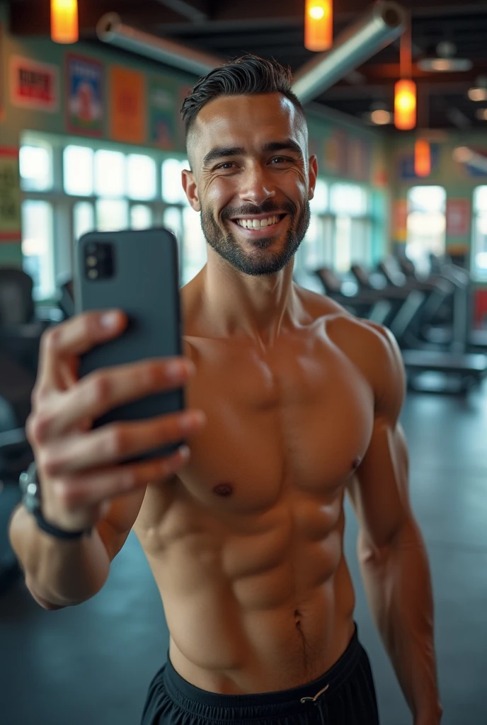 A North African man resembling Amine Harit, clean-shaven with no beard and short hair, taking a selfie at the gym while staring in the mirror with a charming look. 