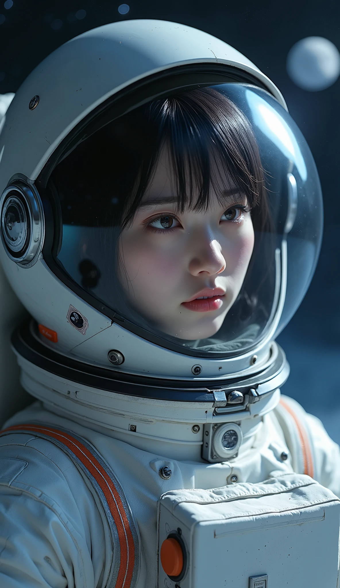 jaxsa、Adult woman with depression、Japanese、Black Hair、Brown eyes、Pink Lips、Spacesuit、Upper Body、universe space、moon、Real、Masterpiece、Highest quality、Light reflecting off the helmet、