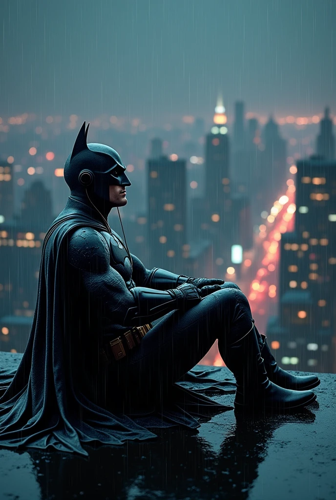 Batman just chilling on top of the building listening to music while it's raining. In the background we see city skyline at night. Cozy