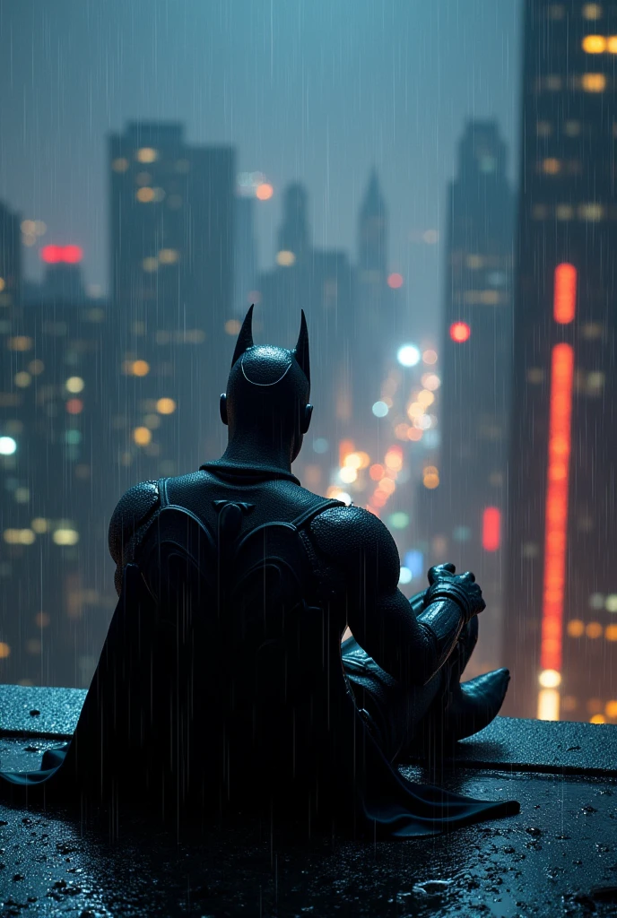 Batman just chilling on top of the building listening to music while it's raining. In the background we see city skyline at night. Cozy