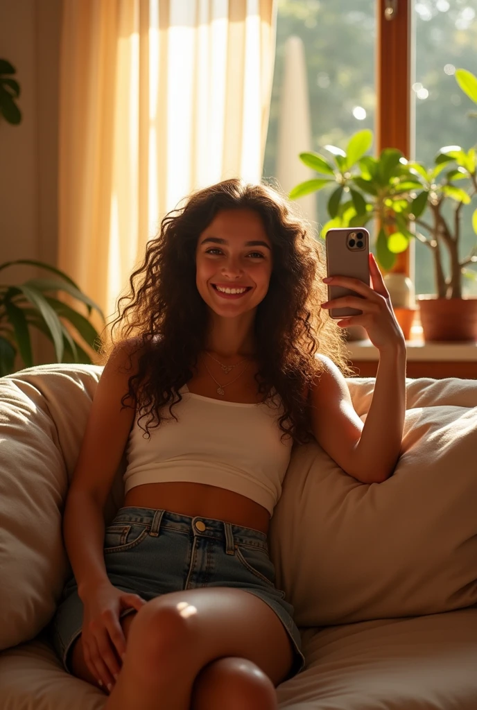 A brunette girl with curly hair and big breasts sits with her legs stretched out, taking a realistic photo