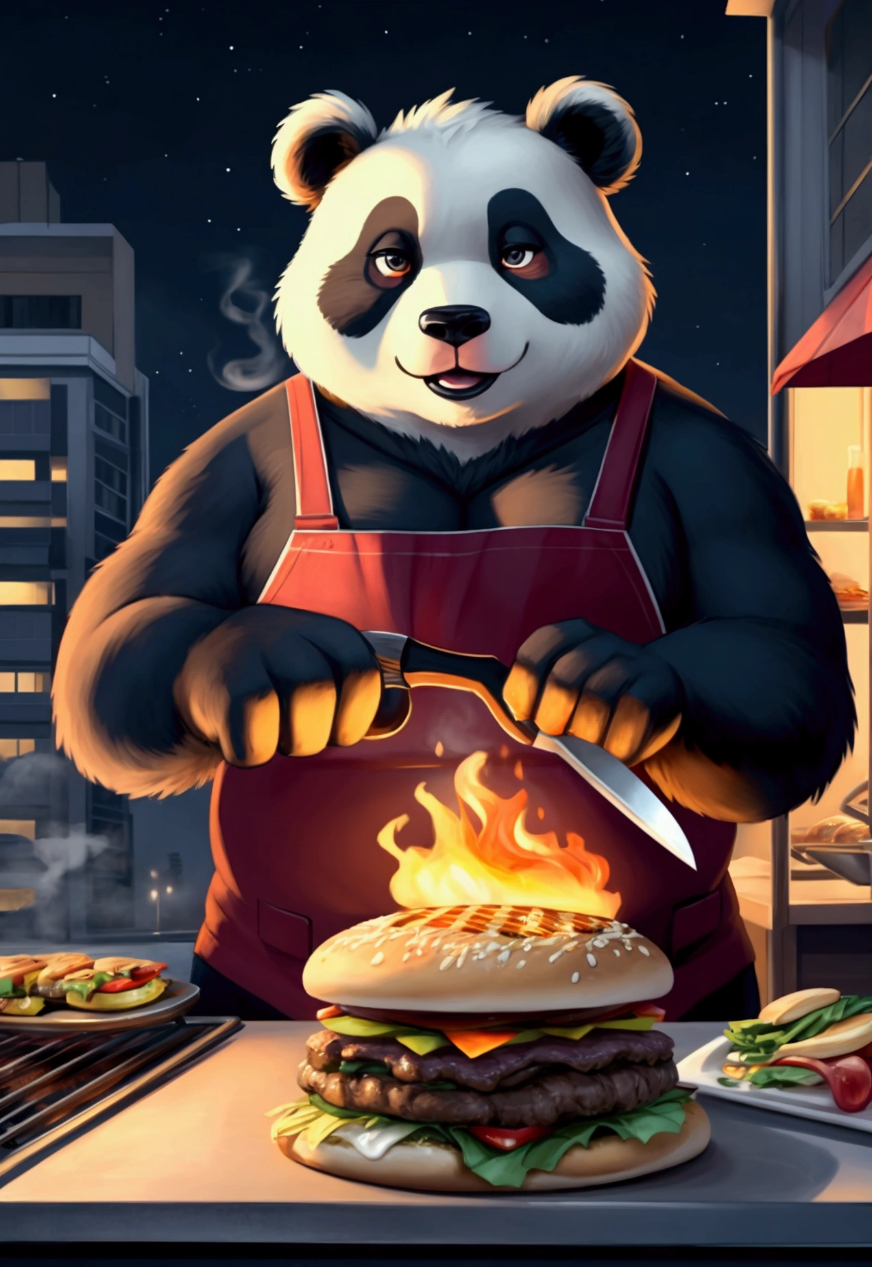 strong panda bear making hamburger with a grill with a knife in one hand and a spatula in the other hand, with fire and smoke coming out of the grill with a food truck next to it and a night city behind