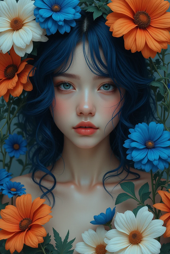 A captivating digital art portrait full body of a young woman surrounded by a vibrant array of flowers. Her wavy, dark blue hair frames her face, blending seamlessly with the floral elements around her. The flowers, in shades of orange, blue, and white, create a striking contrast against her pale skin. She gazes directly at the viewer with an intense, almost ethereal expression. The intricate details of the petals and leaves intertwine with her hair, giving the impression that she is one with nature. The overall composition is both delicate and dramatic, evoking a sense of mystery and enchantment. naked, erotic, porn, show real pussy, show real vagina , No wearing suit.