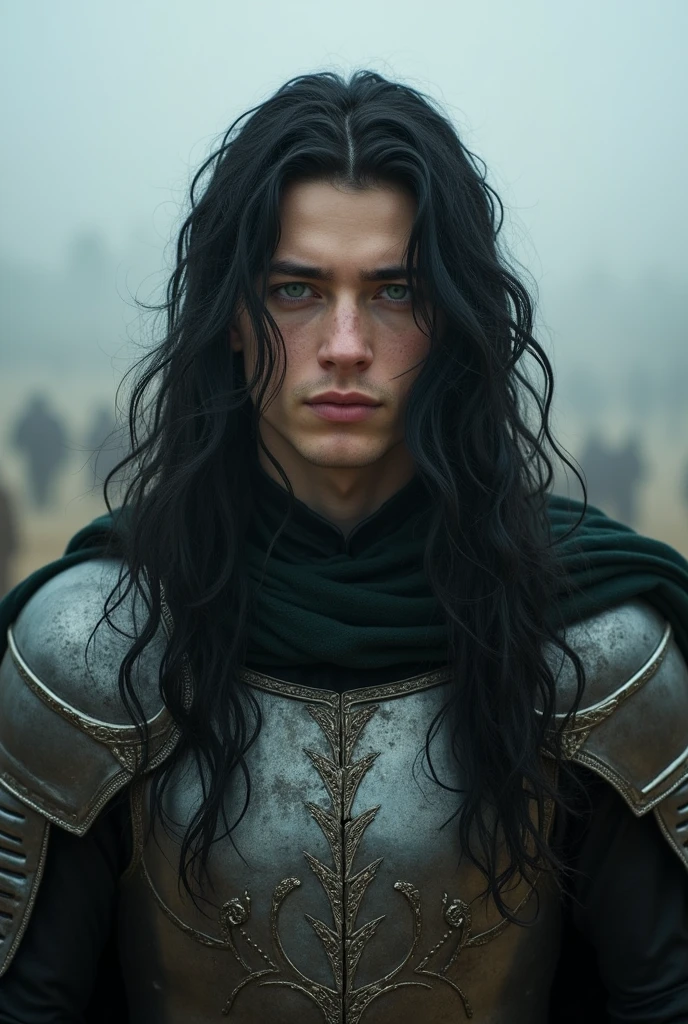 Young man ,Long hair ,black as night ,green eyes ,very pale ,Slim but muscular body ,dressed as a warrior .