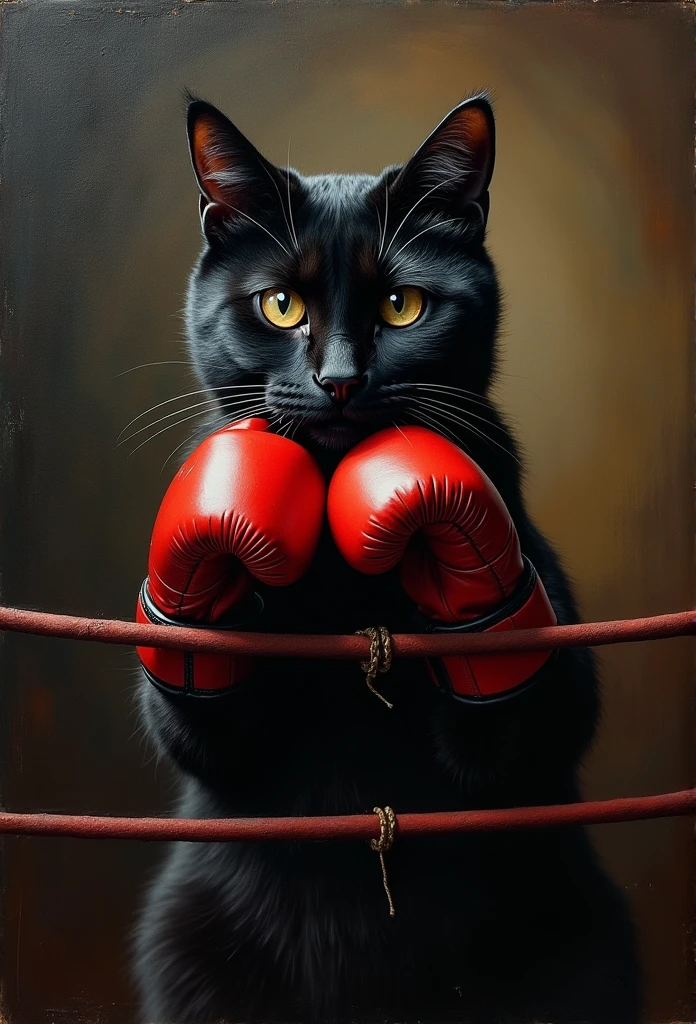 Heavy Oil Painting, Rembrandt van Rijn, Close up de um gato preto bonito usando luvas de caixa, em um anel, moody setting