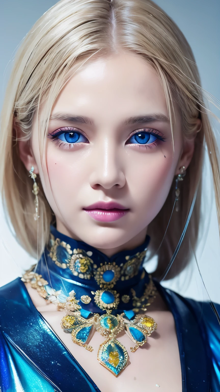 Beautiful supermodel woman with blonde hair, Hair with subtle highlights, Blue-gray eyes, Mixed Media, Wet paint, Jewel Beetle, Colored Background, The color of the liquid flowing on her face, photograph:Jinnah Chan. - At six o'clock 4K)Dirty Body Fitness Body Upper Body Sweaty Big Breasts Expose Fluid from nipples Reverse Rape Slimy saliva Urinating Watching the audience Attractive body Muscular lure Sweating Wet body Sweaty Sweaty