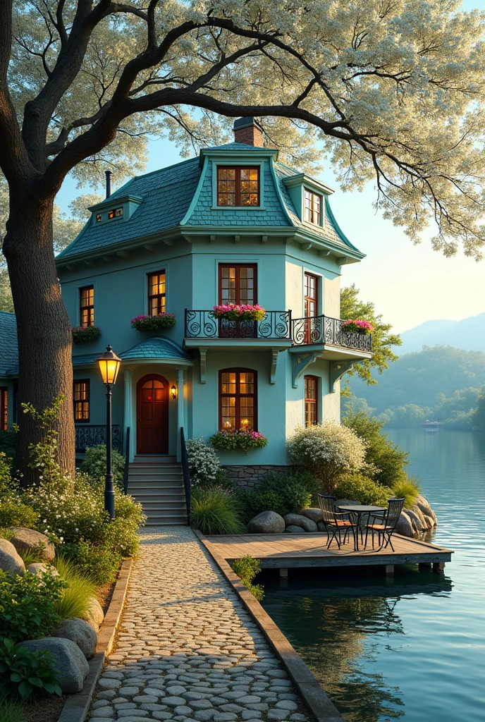 A captivating wide-angle photograph of an idyllic four-story house nestled by a serene and picturesque lake. The house, painted in asoft blue with a mint roof, exudes rustic charm and elegance. Vibrant flower boxes adorn the facade, contrasting the weathered walls with a pop of color. A charming balcony with intricate wrought iron railings extends from the upper level, offering a breathtaking view of the surroundings. A picturesque cobblestone path, partially shaded by a magnificent blossoming tree, winds gracefully towards the front door. The tree's delicate white flowers form a natural canopy, with a solitary lamppost casting a warm, inviting glow. To the right, a cozy wooden deck stretches over the water, complete with a table and chairs for moments of quiet reflection., 3d render, illustration, photo, cinematic
