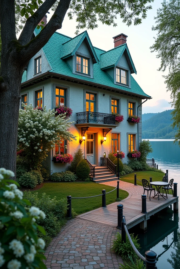 A captivating wide-angle photograph of an idyllic four-story house nestled by a serene and picturesque lake. The house, painted in asoft blue with a mint roof, exudes rustic charm and elegance. Vibrant flower boxes adorn the facade, contrasting the weathered walls with a pop of color. A charming balcony with intricate wrought iron railings extends from the upper level, offering a breathtaking view of the surroundings. A picturesque cobblestone path, partially shaded by a magnificent blossoming tree, winds gracefully towards the front door. The tree's delicate white flowers form a natural canopy, with a solitary lamppost casting a warm, inviting glow. To the right, a cozy wooden deck stretches over the water, complete with a table and chairs for moments of quiet reflection., 3d render, illustration, photo, cinematic