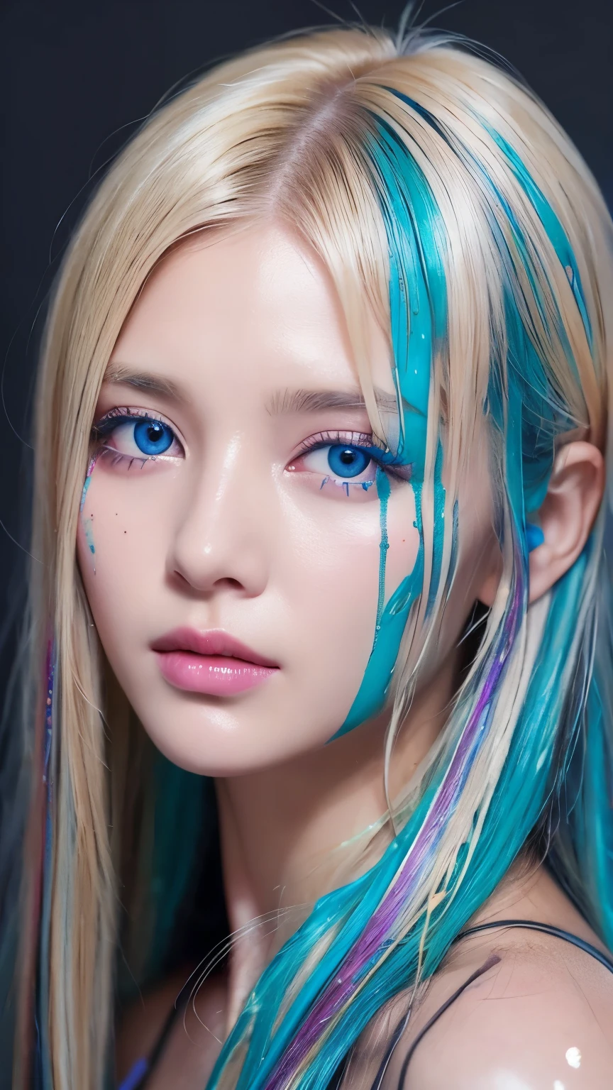 Beautiful supermodel woman with blonde hair, Hair with subtle highlights, Blue-gray eyes, Mixed Media, Wet paint, Jewel Beetle, Colored Background, The color of the liquid flowing on her face, photograph:Jinnah Chan. - At six o'clock 4K)Dirty Body Fitness Body Upper Body Sweaty Big Breasts Expose Fluid from nipples Reverse Rape Slimy saliva Urinating Watching the audience Attractive body Muscular lure Sweating Wet body Sweaty Sweaty