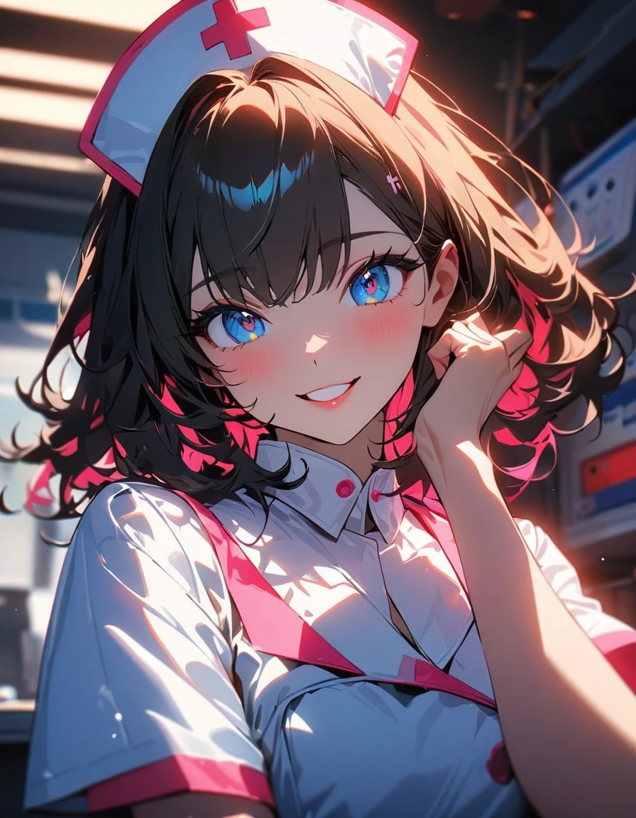 (highest quality:1.2, Very detailed, Latest, Vibrant, 超High resolution, High Contrast, masterpiece:1.2, highest quality, Best aesthetics), (((1 girl))), Beautiful nurse, Cute smiling nurse, Carefully drawn medical equipment, Medical Uniforms, Professionalism, Bright colors, Soft lighting, Expressive eyes, Detailed lips, Long eyelashes, original, Pleasant atmosphere, confidence, Focus on the nurse's face, Positive Energy, Calm background, Nurturing presence, High resolution, Sharp focus.