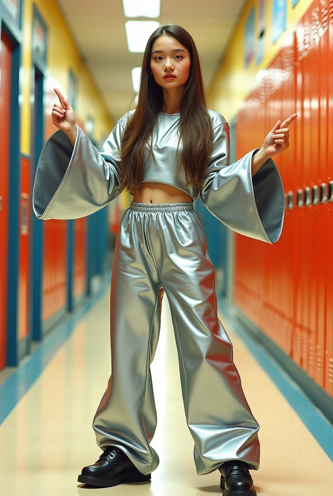 High girl dressed in a classic robot costume, i.e. wide baggy oversized pants and large wide baggy arms and silver Posing like a robot