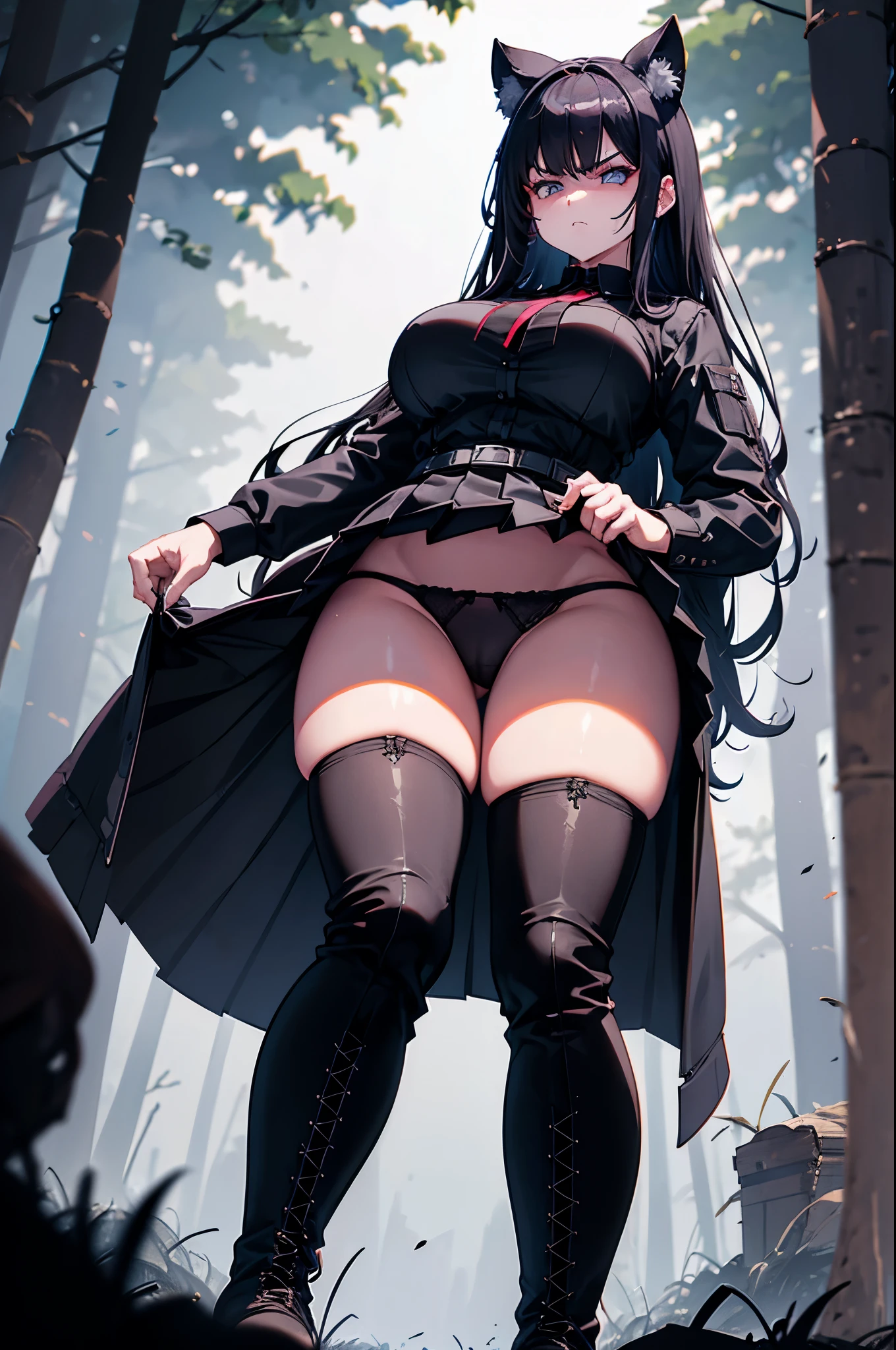 violent and angry evil woman, with curvy body, with long hair, wearing pleated skirt and black boots, viewed from below, underwear, under boots, in muddy forest
