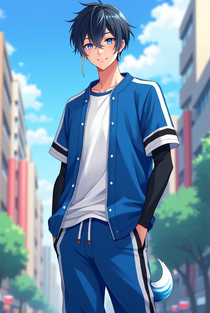 He has hair that is black and indigo。He has straight short hair with no bangs。He has slightly upturned eyes and blue eyes。He is wearing a slightly loose jersey。The jersey is blue on the torso with white lines drawn symmetrically。There is a black line on the shoulder that changes to a white line on the sleeve。He has black sleeves。He is wearing a plain white T-shirt with a blue collar as an inner layer。The pants are jersey pants with white lines running from the waist to the hem。He wears red sneakers。He has a tear mole on his right eye。He is wearing a white to blue gradient soft animal-like tail accessory on his left hip。Anime Style。He gives off a vibe of a good young man.。
