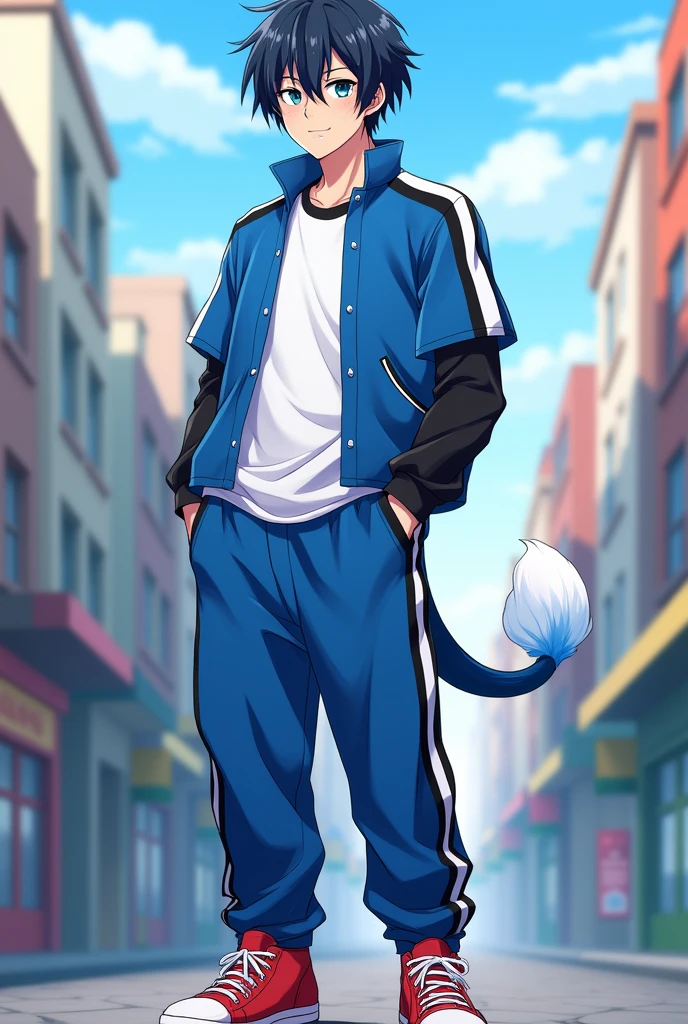 He has hair that is black and indigo。He has straight short hair with no bangs。He has slightly upturned eyes and blue eyes。He is wearing a slightly loose jersey。The jersey is blue on the torso with white lines drawn symmetrically。There is a black line on the shoulder that changes to a white line on the sleeve。He has black sleeves。He is wearing a plain white T-shirt with a blue collar as an inner layer。The pants are jersey pants with white lines running from the waist to the hem。He wears red sneakers。He has a tear mole on his right eye。He is wearing a white to blue gradient soft animal-like tail accessory on his left hip。Anime Style。He gives off a vibe of a good young man.。