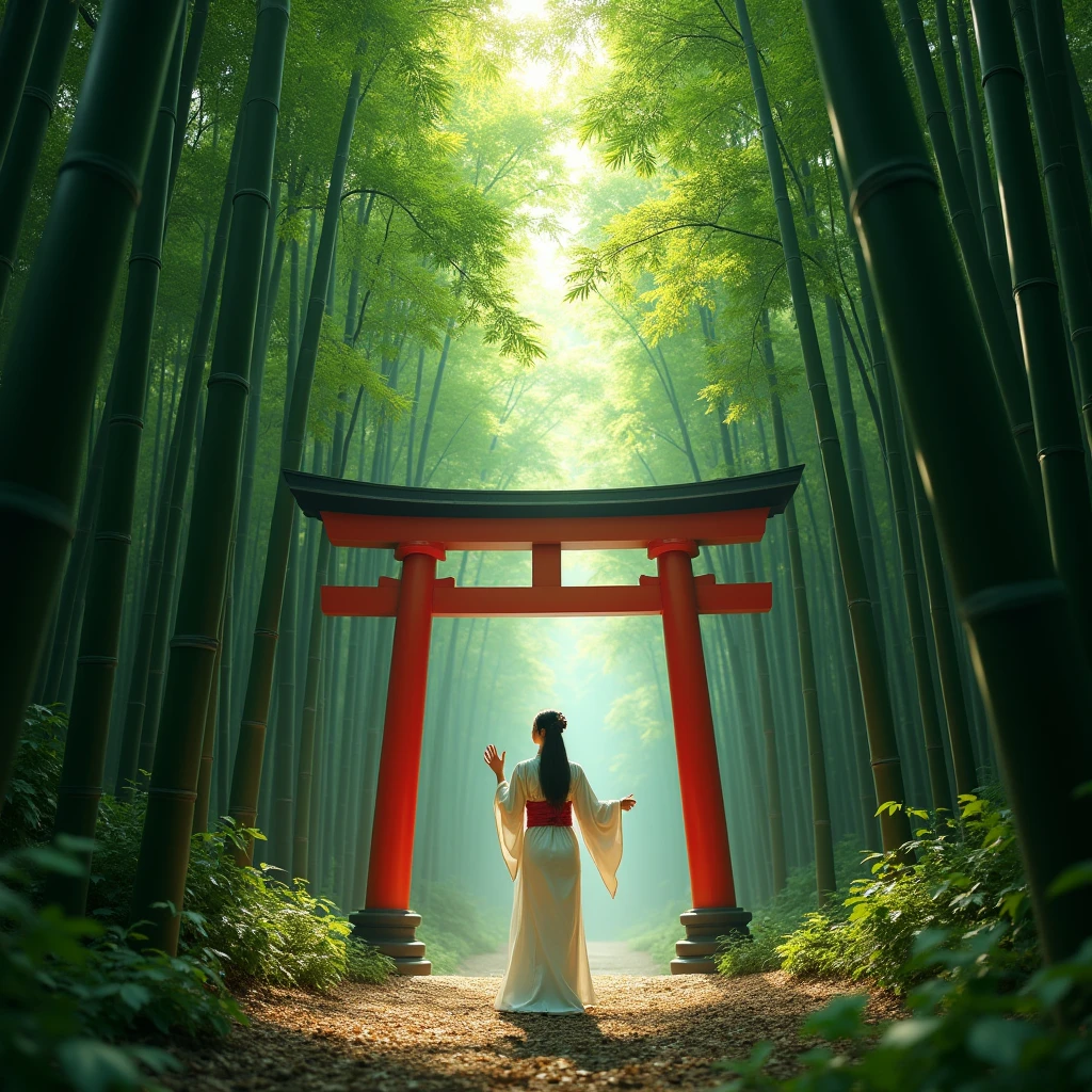 realistic detailed bamboo forest, torii gate, person in white kimono waving at camera behind torii gate, (best quality,4k,8k,highres,masterpiece:1.2),ultra-detailed,(realistic,photorealistic,photo-realistic:1.37),detailed bamboo forest,detailed traditional japanese bamboo forest,cinematic lighting,vibrant colors,dramatic lighting,detailed foliage,intricate textures,atmospheric haze

