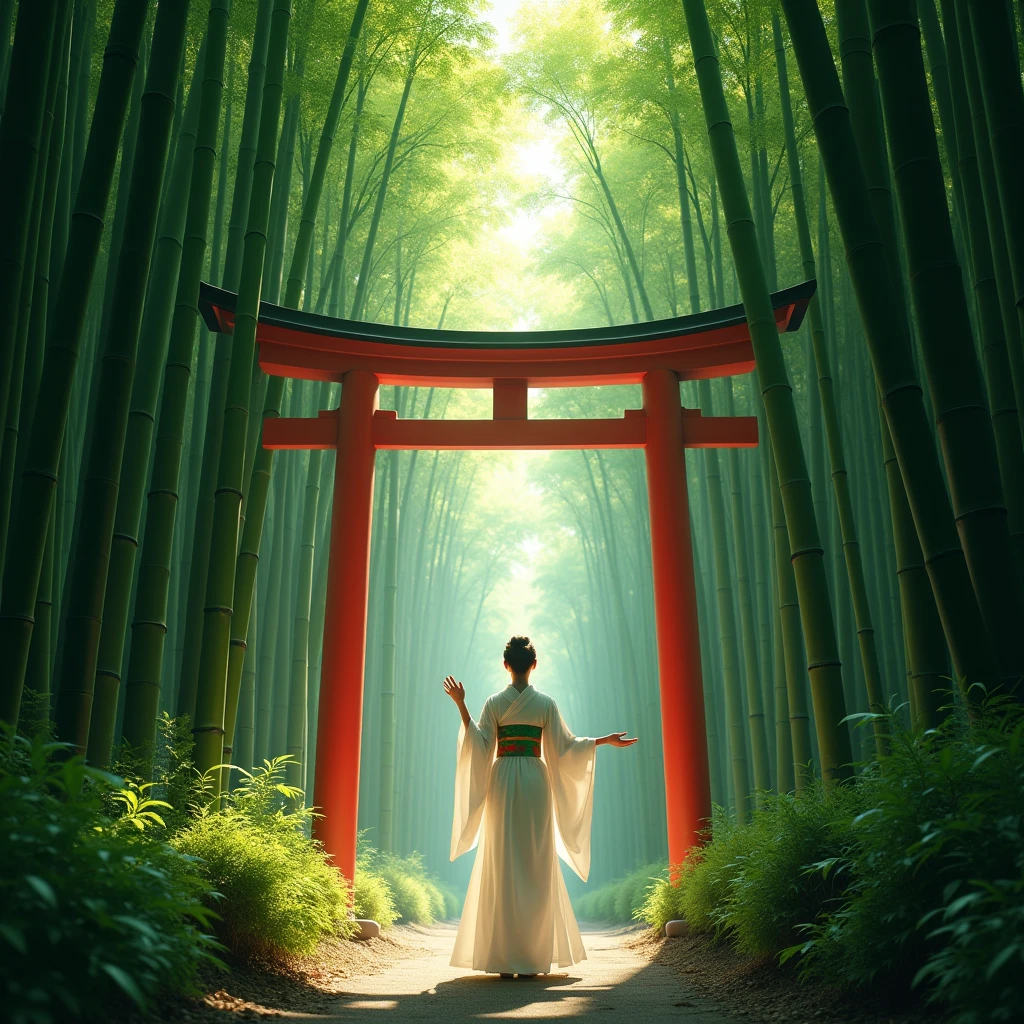 realistic detailed bamboo forest, torii gate, person in white kimono waving at camera behind torii gate, (best quality,4k,8k,highres,masterpiece:1.2),ultra-detailed,(realistic,photorealistic,photo-realistic:1.37),detailed bamboo forest,detailed traditional japanese bamboo forest,cinematic lighting,vibrant colors,dramatic lighting,detailed foliage,intricate textures,atmospheric haze
