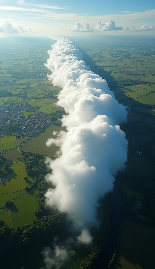 An overhead view of a Morning Glory cloud, captured from directly above as if by a drone. The cloud appears as a massive, elongated tube, stretching across the landscape below. Its cylindrical shape is clearly visible, with the cloud casting a shadow on the ground beneath. The surrounding terrain, including fields, rivers, and small towns, is visible, highlighting the vast scale of the cloud. This aerial perspective emphasizes the sheer length and uniqueness of the Morning Glory cloud as it rolls across the landscape.