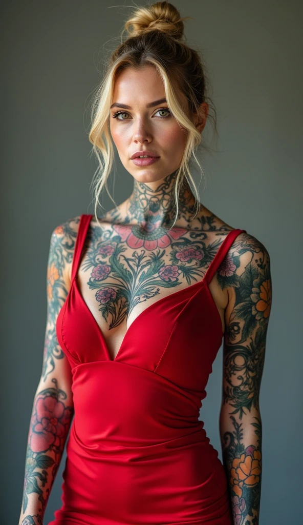 (full length portrait), a woman in her late 30s, soft and rounded features, (low rooted breasts:1.4),(lower set breasts:1.4), pale white skin, snow-white skin, (whole body covered in non-floral tattoos), bright color tattoos, non-floral/plant tattoo designs, (chest tattoo), red bodycon dress, hard pert nipples visible under dress, honey blonde hair in a messy bun, (8k,highres,masterpiece:1.2),ultra-detailed,(realistic,photorealistic,photo-realistic:1.37),vivid colors,studio lighting,extremely detailed tattoos,extremely detailed face and body