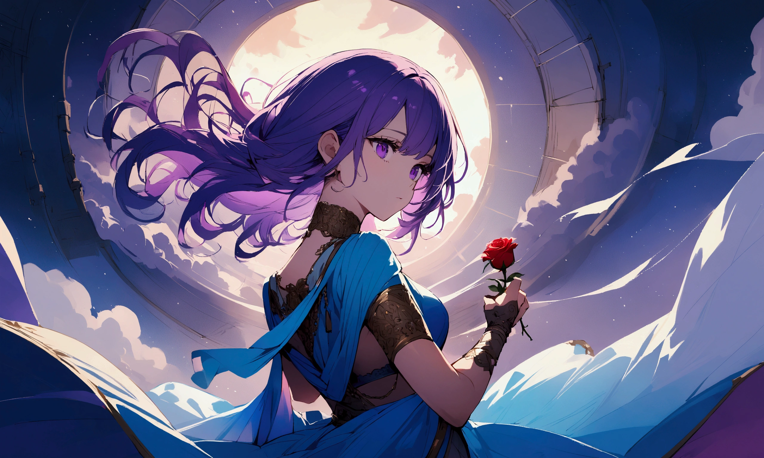 A beautiful girl, with sky blue sari, with purple eyes, with purple hair, with turning, a rose in his hand.