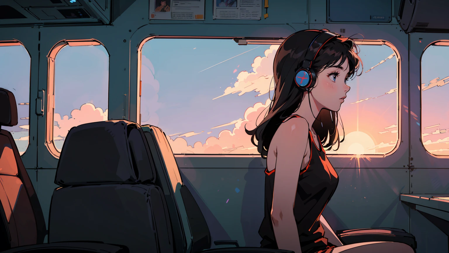 Young woman with long dark hair sitting by airplane window, side profile view. Wearing large white headphones and black tank top. She's looking at viewers. Looking out oval airplane window at sunset sky, purple and blue hues visible. Interior of plane dimly lit with warm orange glow from window. Dreamy, atmospheric mood with slight film grain effect
