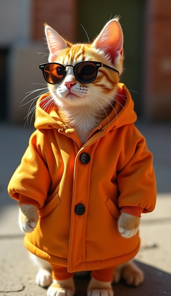 Meilleur fond d'écran mobile, fond d'écran primé, photo du corps entier avec bras et jambes, vue de face d'un chat mignon portant une mode du milieu du siècle, vue latérale, prise avec Canon EOS R5, crée un contraste saisissant qui met en valeur le sujet, les néons. orange, porter un manteau de salon et des lunettes de soleil est à la mode dans les années 1960, vêtements décontractés d'une seule couleur, beau fond, rappelez-vous que le chat a des bras et des jambes