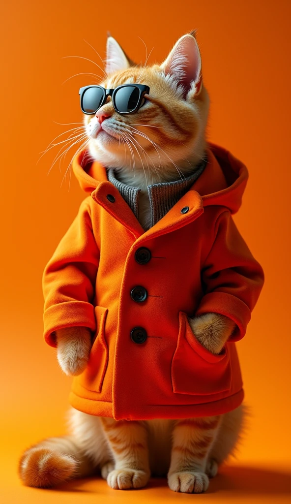 Meilleur fond d'écran mobile, fond d'écran primé, photo du corps entier avec bras et jambes, vue de face d'un chat mignon portant une mode du milieu du siècle, vue latérale, prise avec Canon EOS R5, crée un contraste saisissant qui met en valeur le sujet, les néons. orange, porter un manteau de salon et des lunettes de soleil est à la mode dans les années 1960, vêtements décontractés d'une seule couleur, beau fond, rappelez-vous que le chat a des bras et des jambes