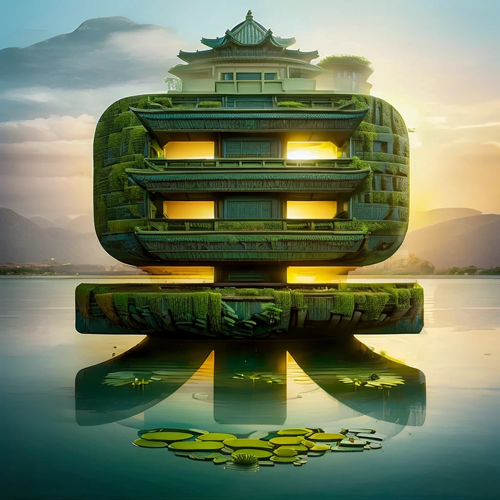 Potted plants, lake, water, lily pad,lotus, temple,