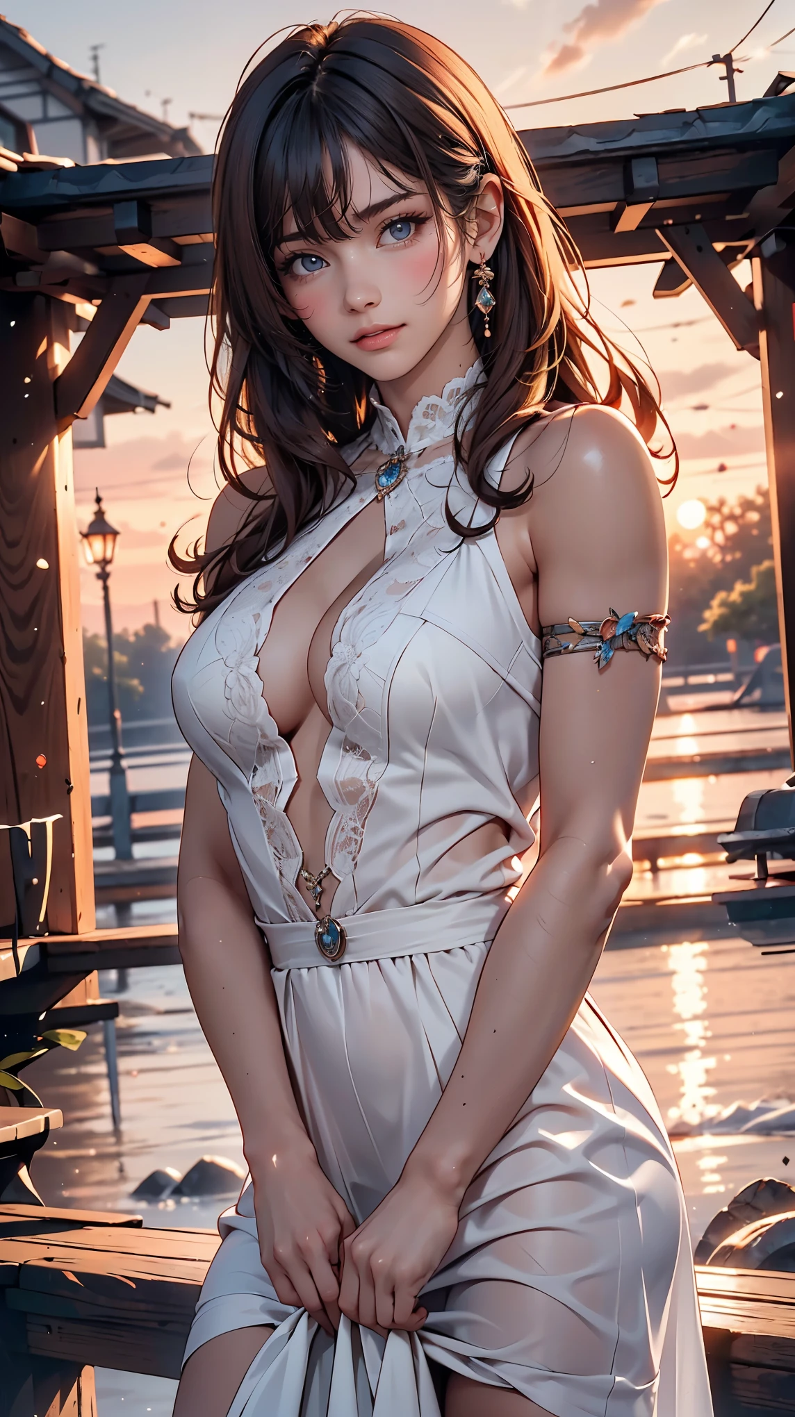 (blushed red,cute,shy,looking at viewer,beautiful pose,full body,perfect eyes,masterpiece,Suburban,twilight,sunset,perfect background,simple background,highres) A cute girl stands in a Suburban setting, with the twilight sky creating a beautiful sunset backdrop. Her cheeks are blushed red, showcasing her shyness and innocence. With a cute pose, she looks directly at the viewer with her perfect, captivating eyes. The entire scene is meticulously detailed, with every aspect of her being a true masterpiece. The artwork is of the highest quality, with ultra-detailed elements and a photorealistic style. The composition is focused on the girl, placed in a simple yet perfect background that enhances the overall aesthetics. The high-resolution image allows for every detail to be seen clearly, ensuring a visually stunning experience.