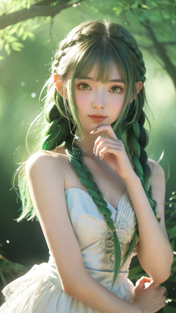 Create an anime-style artwork of an elven girl with long, braided silver-green hair. She has delicate features, pointed ears, and wears a white, flowing gown with intricate silver arm bracers. The scene is set in a sunlit forest, with soft light filtering through the trees, giving a serene and magical atmosphere.