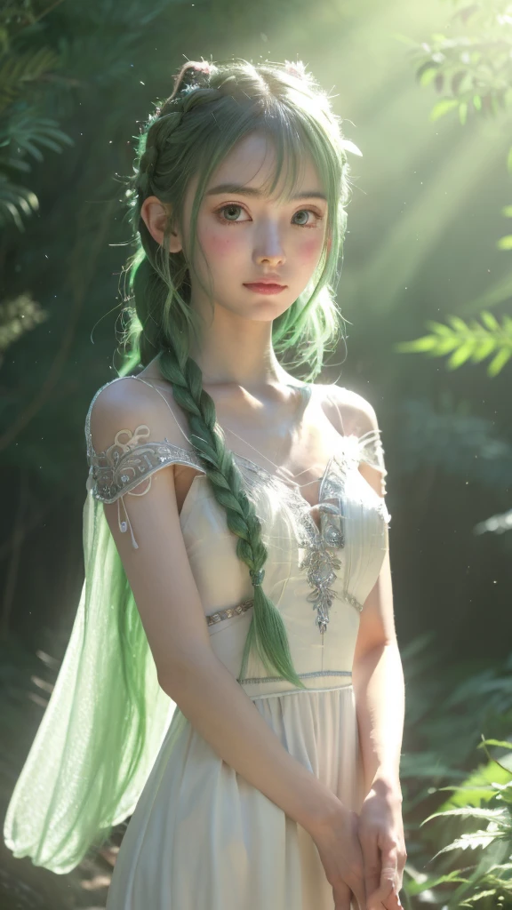 Create an anime-style artwork of an elven girl with long, braided silver-green hair. She has delicate features, pointed ears, and wears a white, flowing gown with intricate silver arm bracers. The scene is set in a sunlit forest, with soft light filtering through the trees, giving a serene and magical atmosphere.