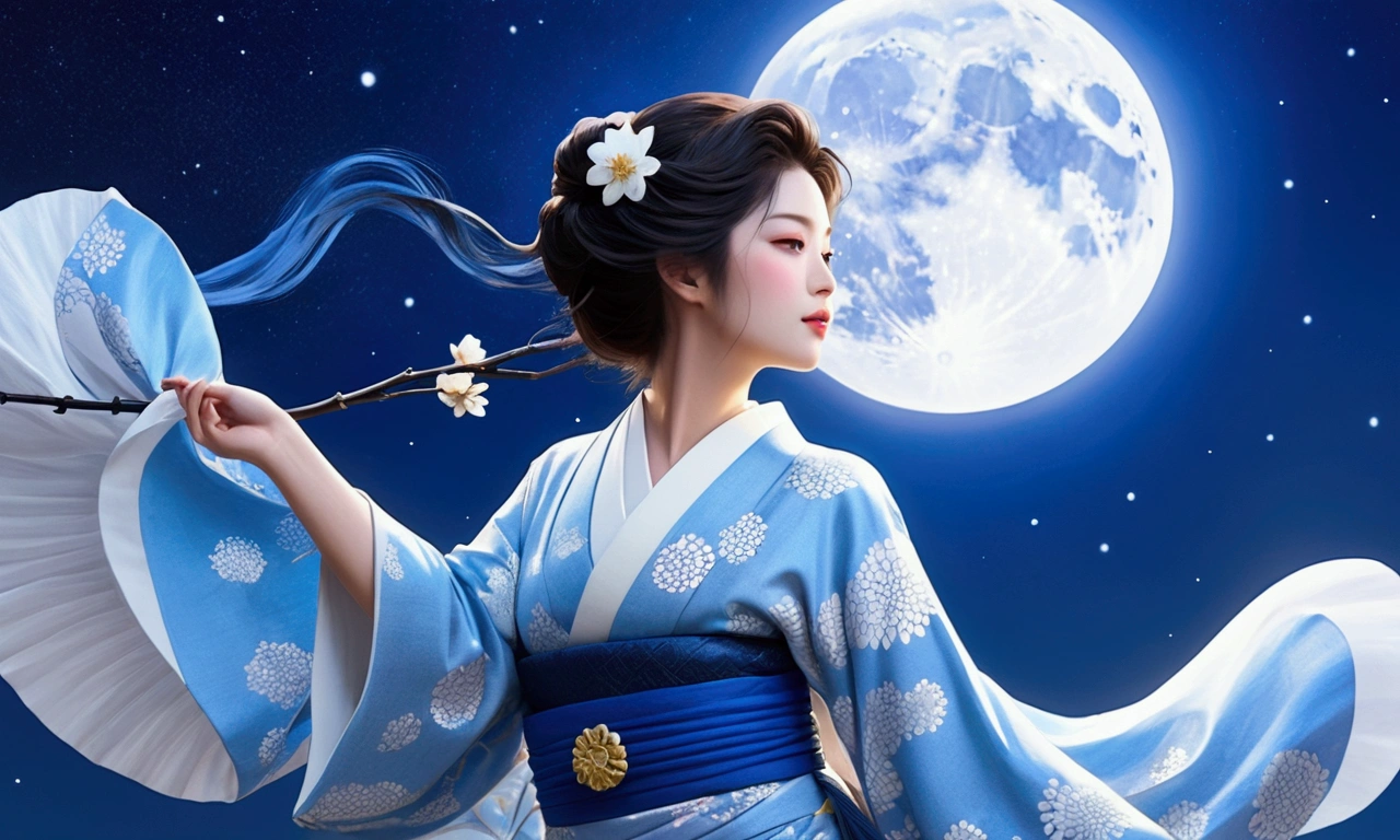 Taisho Romance　A big blue moon and a beautiful, free and ambitious Japanese woman in a kimono　Aquarius Blue Moon　Big Moon　