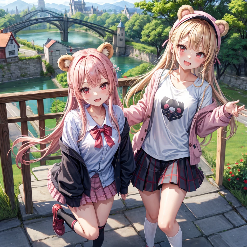 Pink Blonde、Red eyes、Hair tied up、Two cute、Checked mini skirt、black t-shirts、cardigan、Knee-high socks、bear ears baseball cap、Teeth are visible、Monster Castle、Tilting face、crossing the bridge、hazakura、windmill、grass、Stones are growing out of the ground.、impregnable、A teddy bear is walking、Morning glory is blooming.、In front of the city gates
