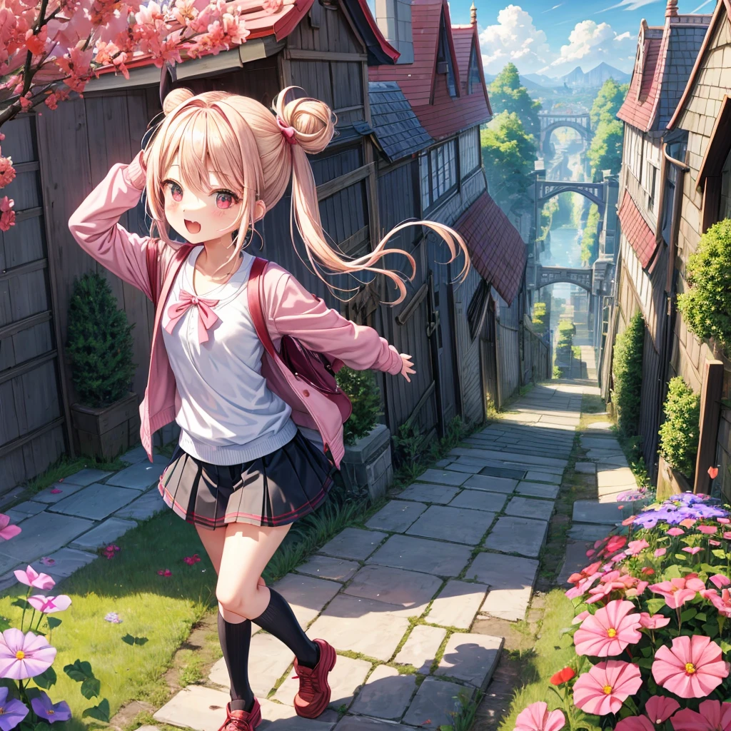 Pink Blonde、Red eyes、Hair tied up、Two cute、Checked mini skirt、black t-shirts、cardigan、Knee-high socks、bear ears baseball cap、Teeth are visible、Monster Castle、Tilting face、crossing the bridge、hazakura、windmill、grass、Stones are growing out of the ground.、impregnable、A teddy bear is walking、Morning glory is blooming.、In front of the city gates