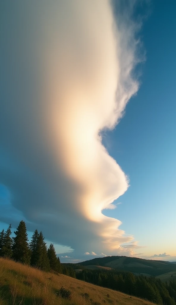 A low-angle view of a Morning Glory cloud, focusing on its enormous, tubular structure as it hovers close to the ground. The perspective from below captures the cloud’s immense scale, with the sky visible behind it. The cloud appears to roll slowly across the sky, its smooth surface reflecting the sunlight. The surrounding landscape, including trees and hills, is dwarfed by the cloud’s presence, creating a dramatic and surreal scene. The low-angle shot emphasizes the cloud’s dominance and the unusual nature of its formation.
