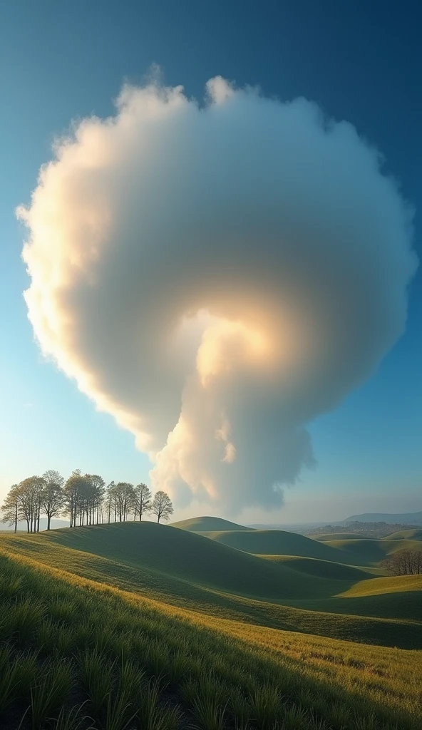 A low-angle view of a Morning Glory cloud, focusing on its enormous, tubular structure as it hovers close to the ground. The perspective from below captures the cloud’s immense scale, with the sky visible behind it. The cloud appears to roll slowly across the sky, its smooth surface reflecting the sunlight. The surrounding landscape, including trees and hills, is dwarfed by the cloud’s presence, creating a dramatic and surreal scene. The low-angle shot emphasizes the cloud’s dominance and the unusual nature of its formation.