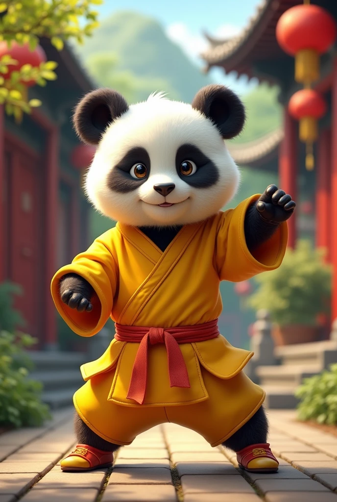 Panda wearing a yellow kung fu suit,Unleashing Chinese Kung Fu,Powerful aura,Cute realistic style,Chinese style in the background