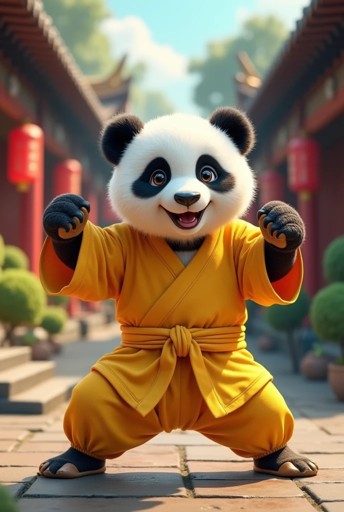 Panda wearing a yellow kung fu suit,Unleashing Chinese Kung Fu,Powerful aura,Cute realistic style,Chinese style in the background