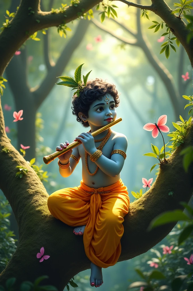 Little krishna playing flute while sitting top on a tree