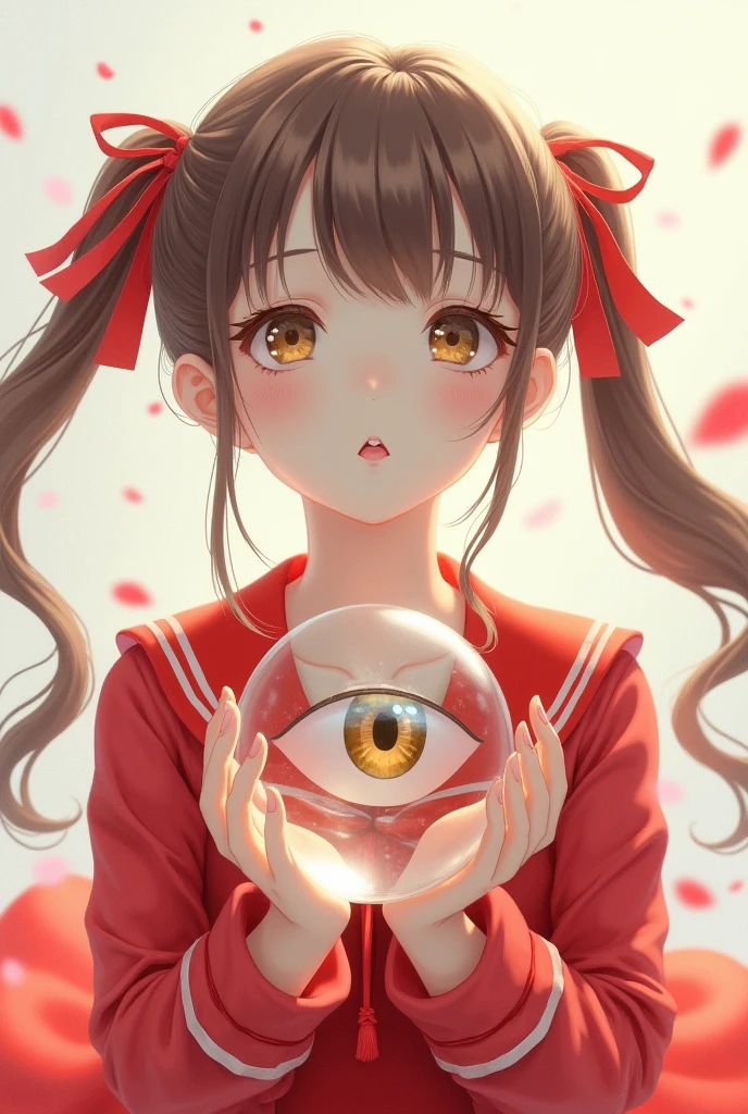 Overlooking、Girl Like a Doll、White skin、Brown Hair、Twin tails、Red hair laces、Glass ball with golden eyes、Red Sailor Suit、Rozen Maiden、Delicate use of colour、Pink Lips、Expressionless、Brown eyelashes、Short eyebrows、Looking up、M-shaped bangs、White background