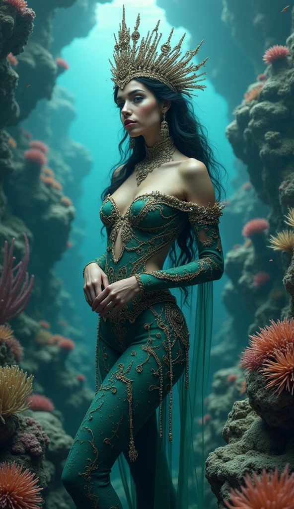 Superrealisticart , Like a dream, mystery,  Symbolic, complicated, detailed, (Gothic，very beautiful:1.4), (masterpiece, best quality:1.4) , Nicolas Samori style, Mermaid goddess-like beautiful costume