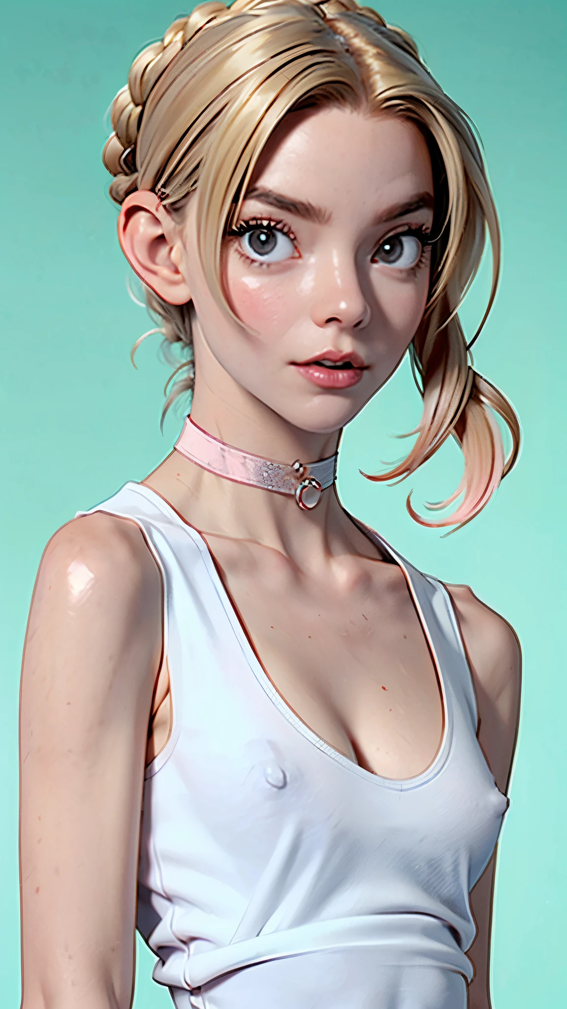 one girl, solo, abs, slender body, (upper body, bust:1.2), (black eyes:1.3), blonde hair, two cute braids, (bare shoulders:1.2), masterpiece, highly detailed, look at viewer, front view, (small breasts, tiny breasts, male chest, exposed breasts, deep cleavage:1.5), (transparent white tank top, choker:1.4), (studio lights, blured background, glowing edges of image, shiny blured background, gradient sprayed background, colorful background:1.3), expressing joy, (nipples:1.1)