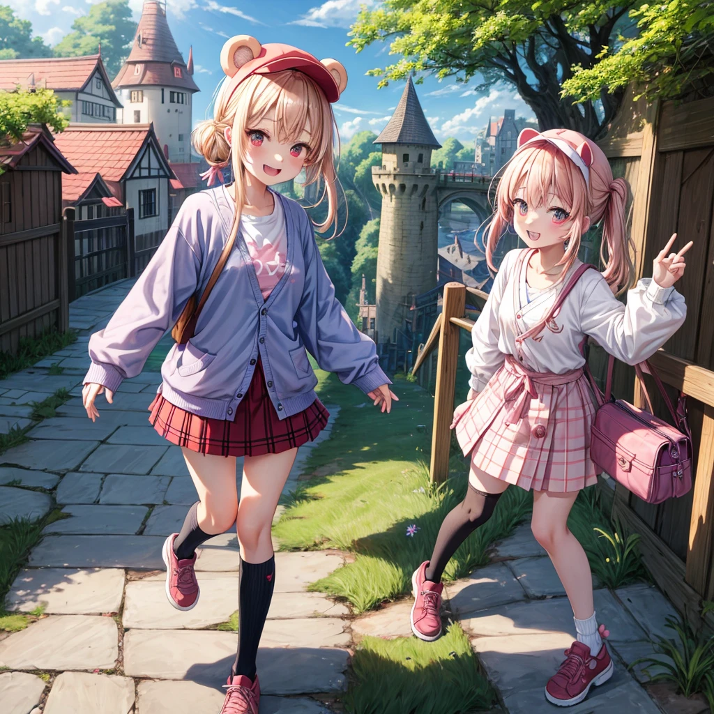 Pink Blonde、Red eyes、Hair tied up、Two cute、Checked mini skirt、black t-shirts、cardigan、Knee-high socks、bear ears baseball cap、Teeth are visible、Monster Castle、Tilting face、crossing the bridge、hazakura、windmill、grass、Stones are growing out of the ground.、impregnable、A teddy bear is walking、Morning glory is blooming.、In front of the city gates