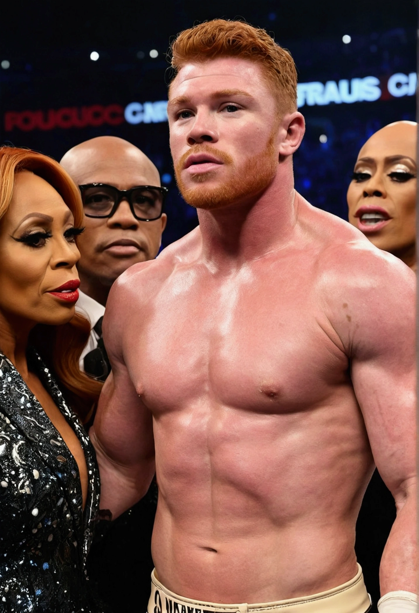 Boxer Canelo Alvarez muscular and naked、RuPaul dressed as a woman kissing