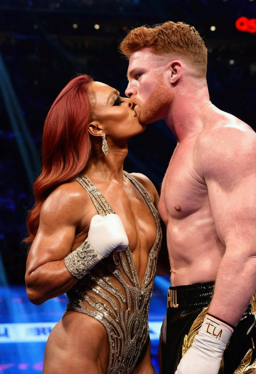 Boxer Canelo Alvarez muscular and naked、RuPaul dressed as a woman kissing