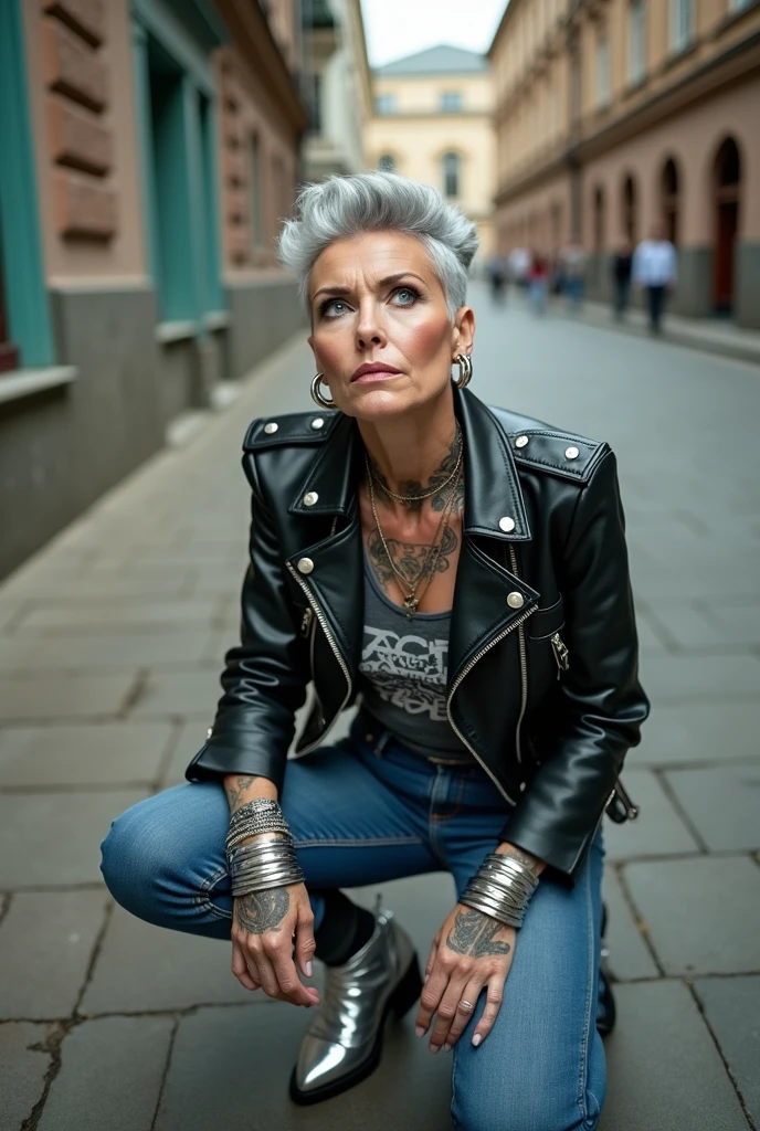 russian old milf woman, grey hair (quiff shaved sides), with very light blue eyes, extremely pale. Wearing cropped black moto jacket (silver brooches on lapels),  tank top with rock logo, skinny leather jeans and silver pointy Chelsea boots with cuban heels . Lots of metallic wide silver bracelets, a tacky chain and a padlock as a collar.mTacky studded leather belt with oversized chanel buckle. Wide loop earrings. Kneeling looking up, eyes and mouth wide open in amazement. Tattooed. Hands on her knees. Chin up, looking up listening in amazement to God. Well toned abdominals, thin legs and thin arms.