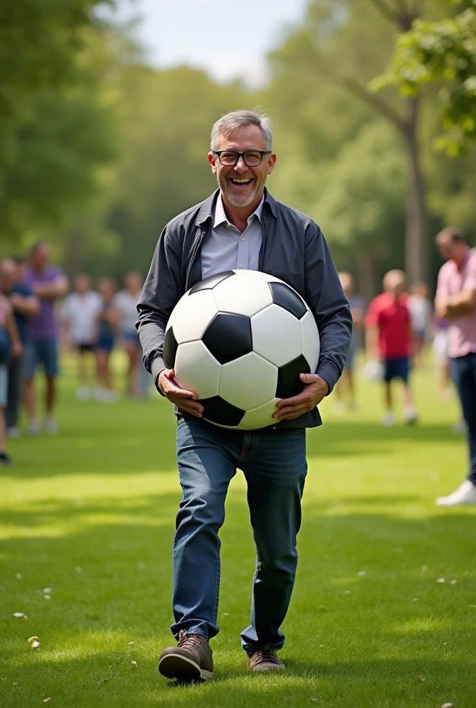 Man
playing pranks with a huge 3D soccer ball inside his pants