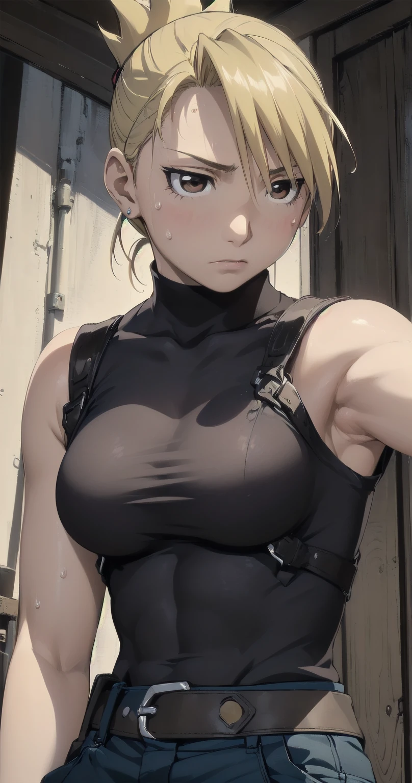 masterpiece, highest quality, High resolution, One Girl, Hamriz, ponytail, Brown eyes,big , Black Shirt, Tight shirt, holster, Short sleeve, belt, Covered navel, Blue pants,indoor、Upper body close-up、Muscular body、blush、Sweat、Composition from the front、anime、(((Close-up of a person、大きなおっぱい、Both armpits exposed、Sweat、Look forward)))