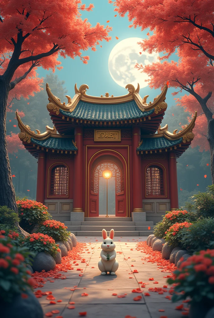 Moon Palace，Jade Rabbit，Cinnamon Tree，((Osmanthus flowers flying,petal))，Chinese style，((The building says"SEAART"))