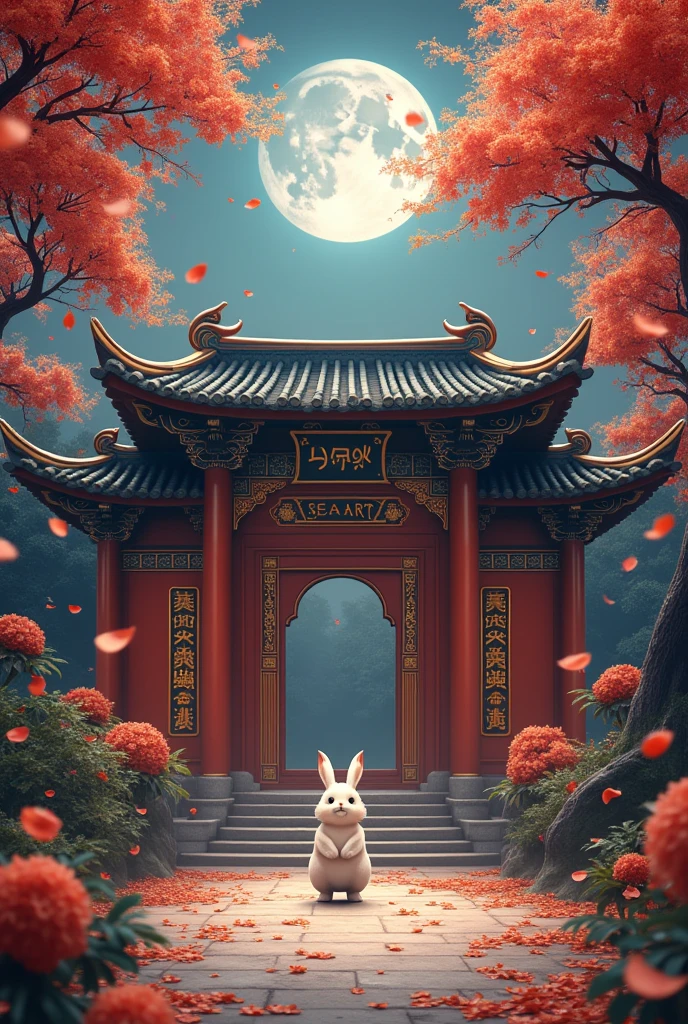 Moon Palace,Jade Rabbit,Cinnamon Tree,((Osmanthus flowers flying,petal)),Chinese style,((The building says"SEAART"))